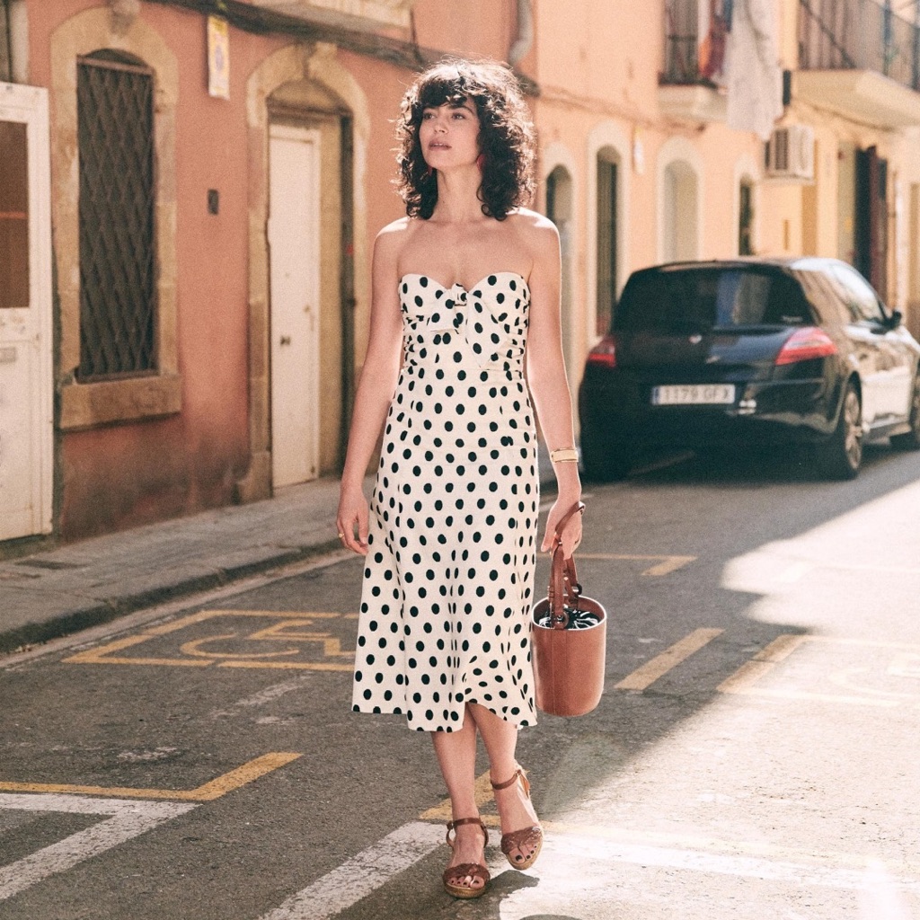 Sezane “Beatriz” Linen Polka Dot Strapless Midi A-Line Dress Size 2 With Flaws